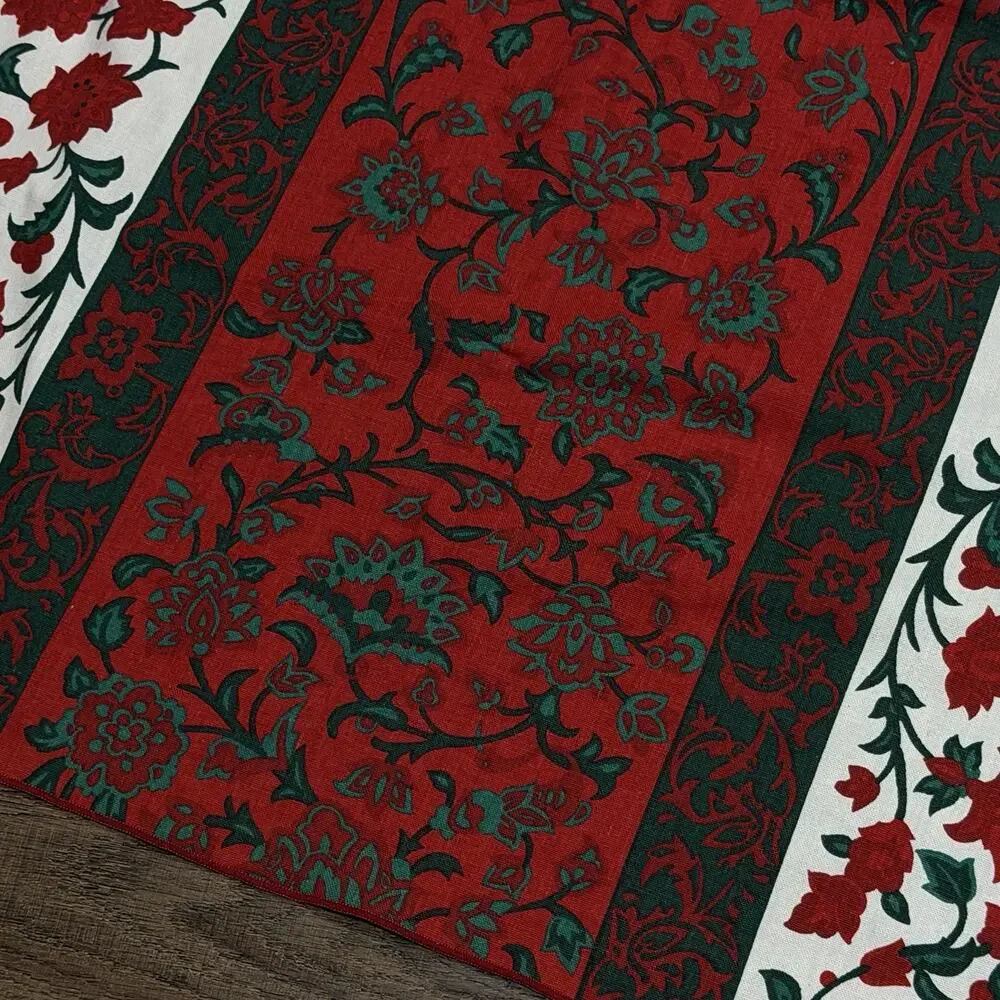 Vintage Vera Neumann Red Green Christmas Floral Linen Tablecloth 70s 64x84